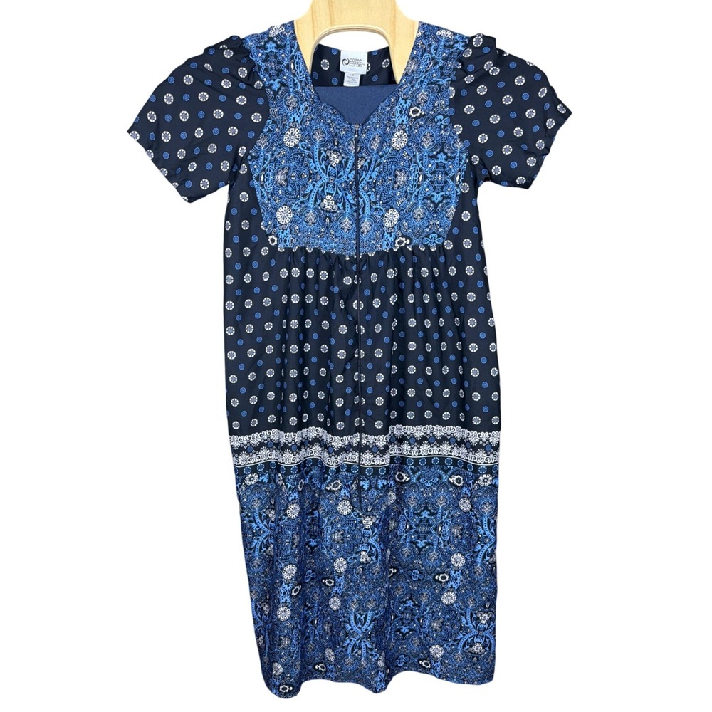 Cozee Corner Womens Navy Blue Paisley Zip Front House Dress Lounger Size LG